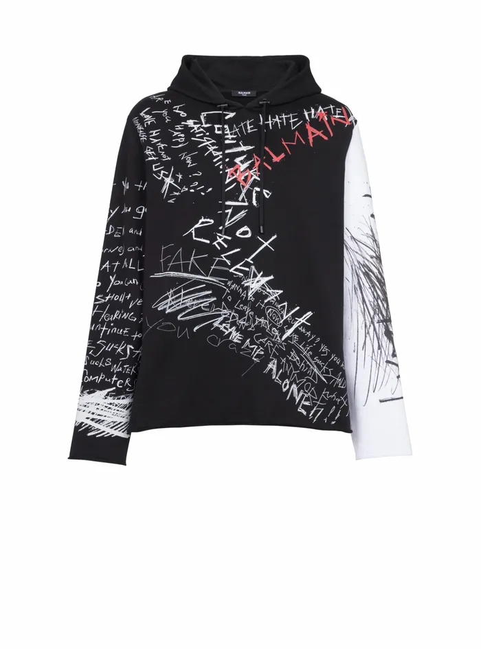 Balmain Sweatshirts Mens Hooded Cotton Sweatshirt With Graffiti Balmain Logo Print Black Balmain Sweatshirts Mens Hooded Cotton Sweatshirt With Graffiti Balmain Logo Print Black