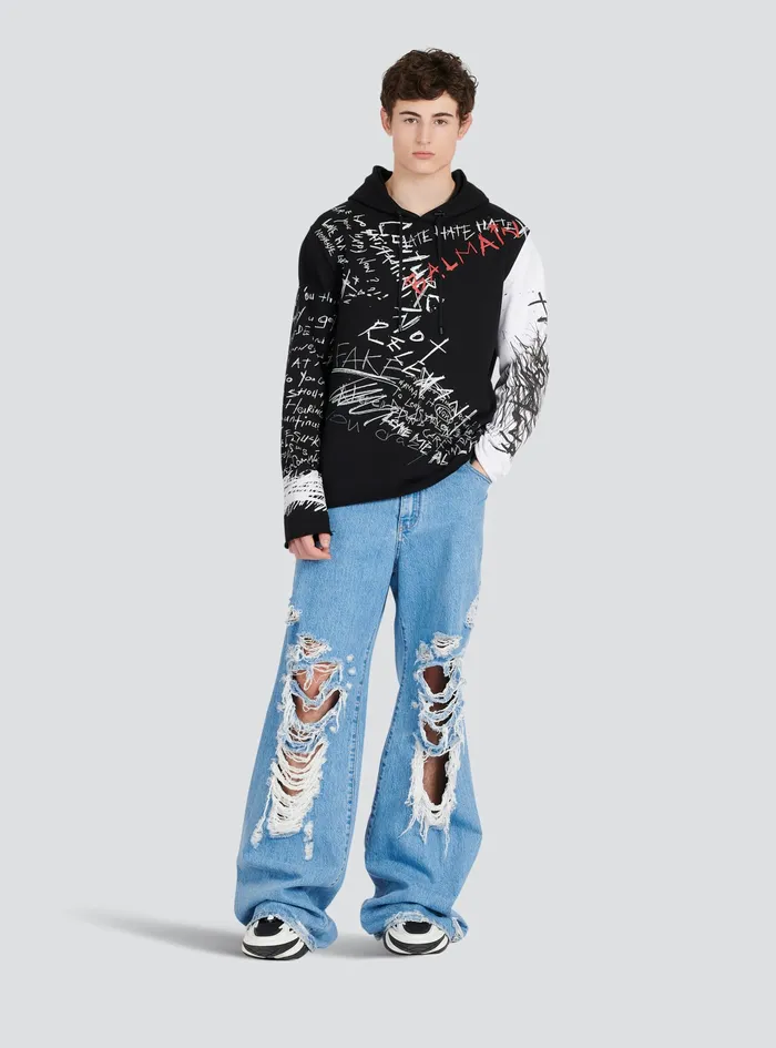Balmain Sweatshirts Mens Hooded Cotton Sweatshirt With Graffiti Balmain Logo Print Black Balmain Sweatshirts Mens Hooded Cotton Sweatshirt With Graffiti Balmain Logo Print Black