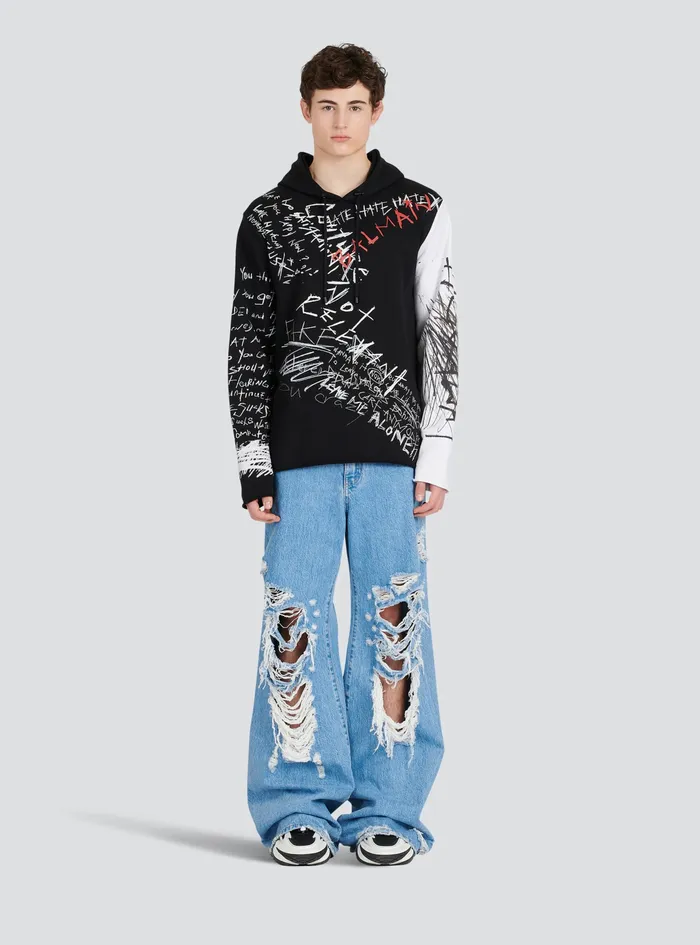 Balmain Sweatshirts Mens Hooded Cotton Sweatshirt With Graffiti Balmain Logo Print Black Balmain Sweatshirts Mens Hooded Cotton Sweatshirt With Graffiti Balmain Logo Print Black