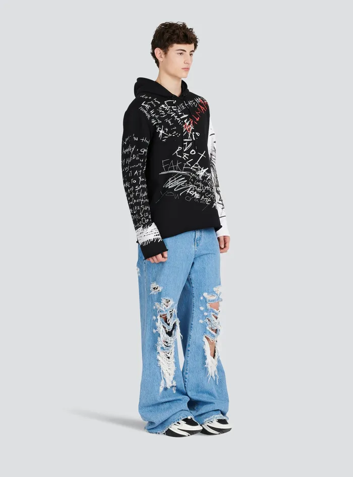 Balmain Sweatshirts Mens Hooded Cotton Sweatshirt With Graffiti Balmain Logo Print Black Balmain Sweatshirts Mens Hooded Cotton Sweatshirt With Graffiti Balmain Logo Print Black