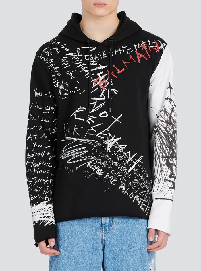 Balmain Sweatshirts Mens Hooded Cotton Sweatshirt With Graffiti Balmain Logo Print Black Balmain Sweatshirts Mens Hooded Cotton Sweatshirt With Graffiti Balmain Logo Print Black