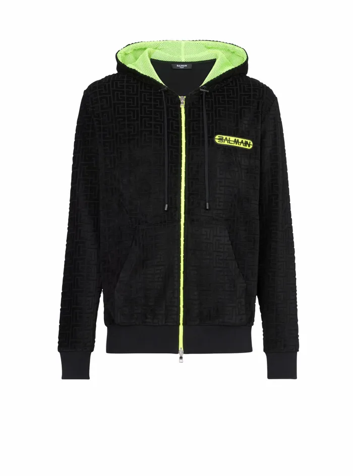 Balmain Sweatshirts Mens Hooded Velvet Sweatshirt With Embossed Balmain Monogram Black Balmain Sweatshirts Mens Hooded Velvet Sweatshirt With Embossed Balmain Monogram Black