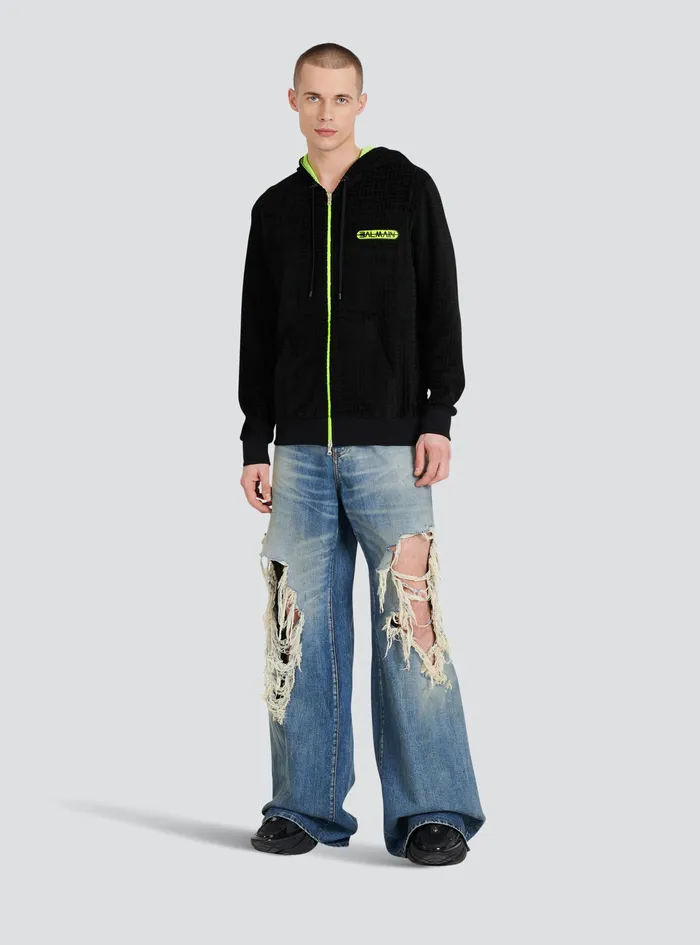 Balmain Sweatshirts Mens Hooded Velvet Sweatshirt With Embossed Balmain Monogram Black Balmain Sweatshirts Mens Hooded Velvet Sweatshirt With Embossed Balmain Monogram Black