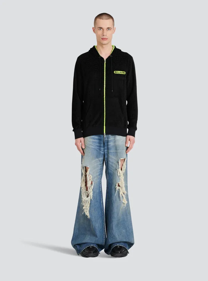 Balmain Sweatshirts Mens Hooded Velvet Sweatshirt With Embossed Balmain Monogram Black Balmain Sweatshirts Mens Hooded Velvet Sweatshirt With Embossed Balmain Monogram Black