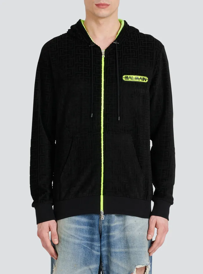 Balmain Sweatshirts Mens Hooded Velvet Sweatshirt With Embossed Balmain Monogram Black Balmain Sweatshirts Mens Hooded Velvet Sweatshirt With Embossed Balmain Monogram Black