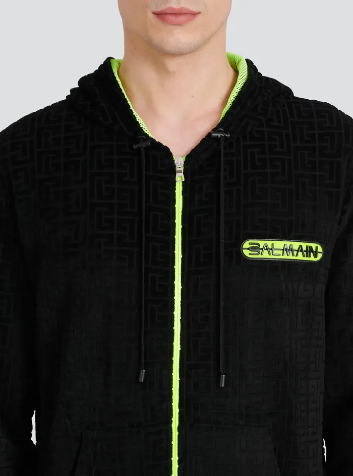 Balmain Sweatshirts Mens Hooded Velvet Sweatshirt With Embossed Balmain Monogram Black Balmain Sweatshirts Mens Hooded Velvet Sweatshirt With Embossed Balmain Monogram Black