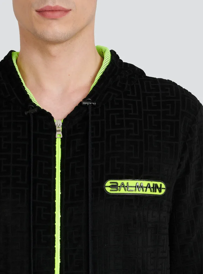 Balmain Sweatshirts Mens Hooded Velvet Sweatshirt With Embossed Balmain Monogram Black Balmain Sweatshirts Mens Hooded Velvet Sweatshirt With Embossed Balmain Monogram Black