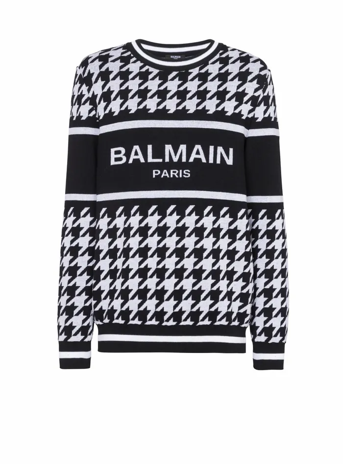 Balmain Sweatshirts Mens HoundstoothPatterned Wool Sweater Black