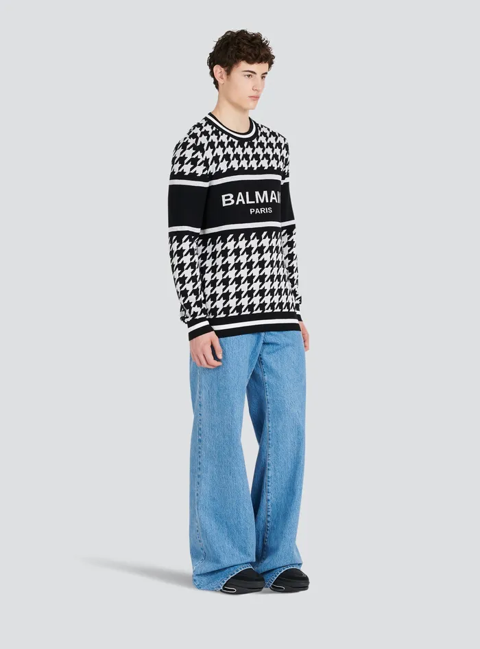 Balmain Sweatshirts Mens HoundstoothPatterned Wool Sweater Black Balmain Sweatshirts Mens HoundstoothPatterned Wool Sweater Black