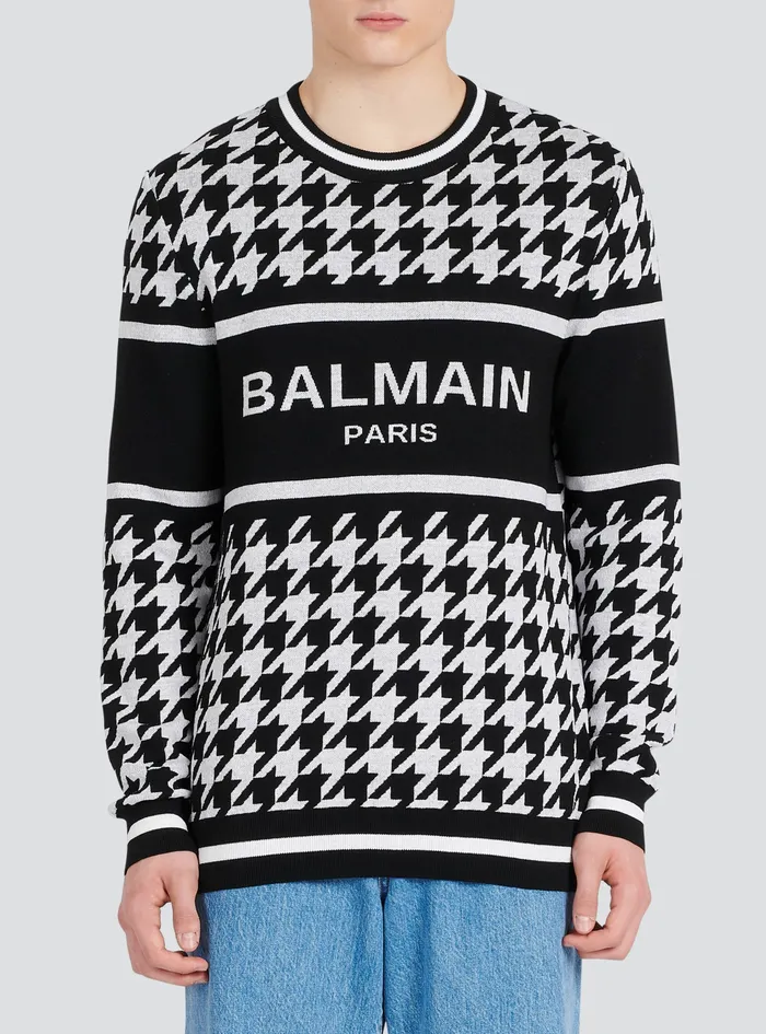 Balmain Sweatshirts Mens HoundstoothPatterned Wool Sweater Black Balmain Sweatshirts Mens HoundstoothPatterned Wool Sweater Black