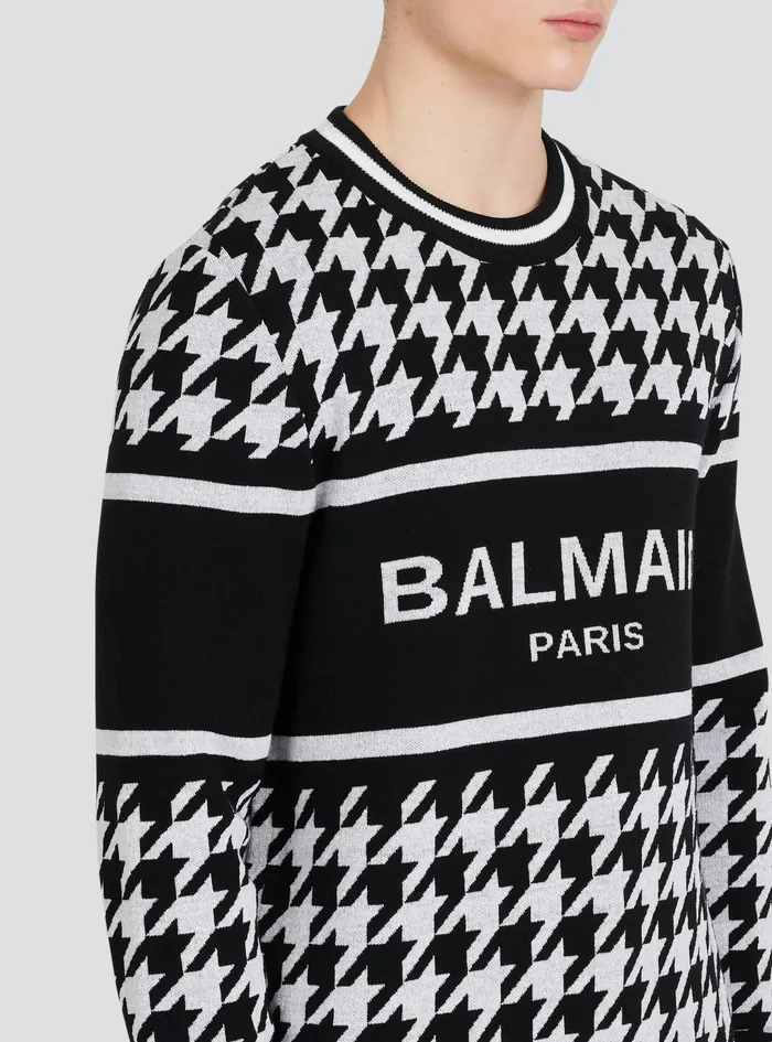 Balmain Sweatshirts Mens HoundstoothPatterned Wool Sweater Black Balmain Sweatshirts Mens HoundstoothPatterned Wool Sweater Black