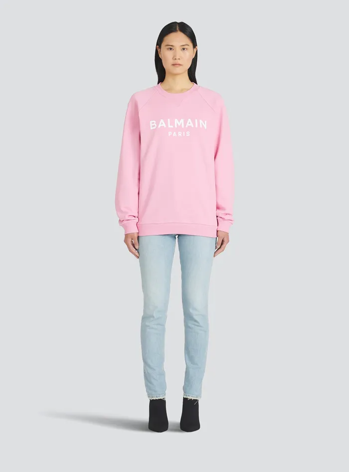Balmain Sweatshirts Womens EcoDesigned Cotton Sweatshirt With Balmain Logo Print Pink Balmain Sweatshirts Womens EcoDesigned Cotton Sweatshirt With Balmain Logo Print Pink