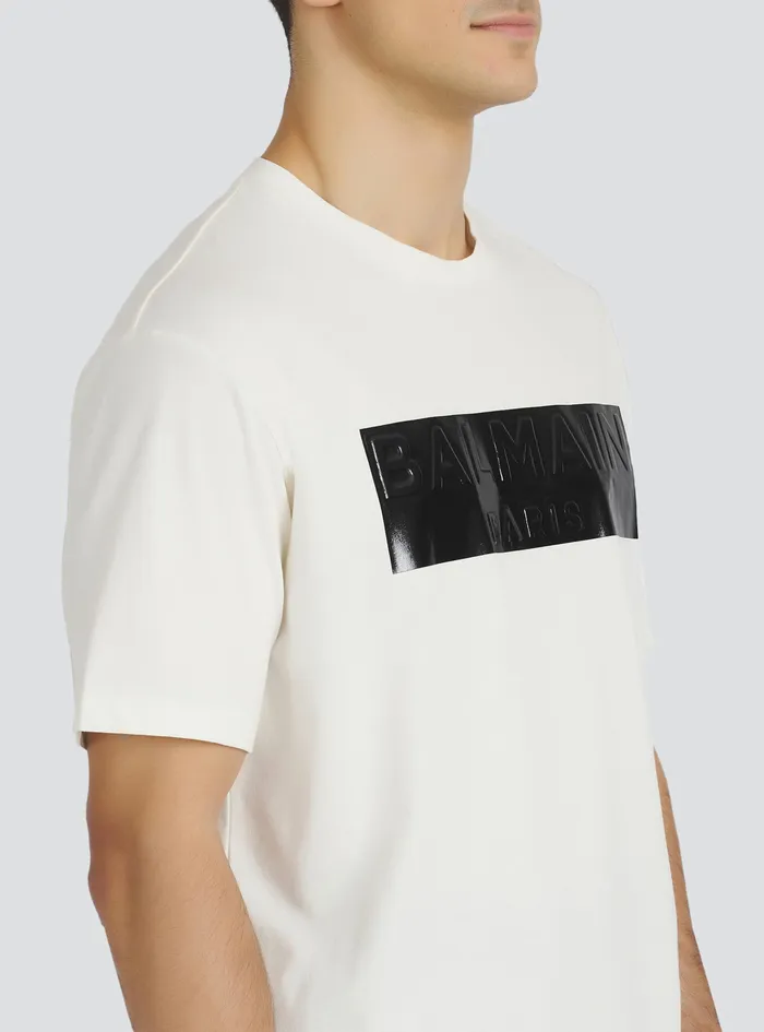 Balmain TShirts Mens Cotton TShirt With Balmain Logo Print White Balmain TShirts Mens Cotton TShirt With Balmain Logo Print White