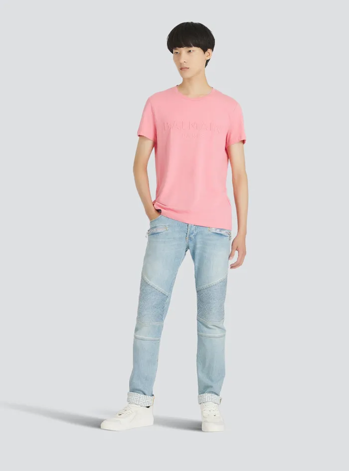 Balmain TShirts Mens Cotton TShirt With Embossed Balmain Paris Logo Pink Balmain TShirts Mens Cotton TShirt With Embossed Balmain Paris Logo Pink