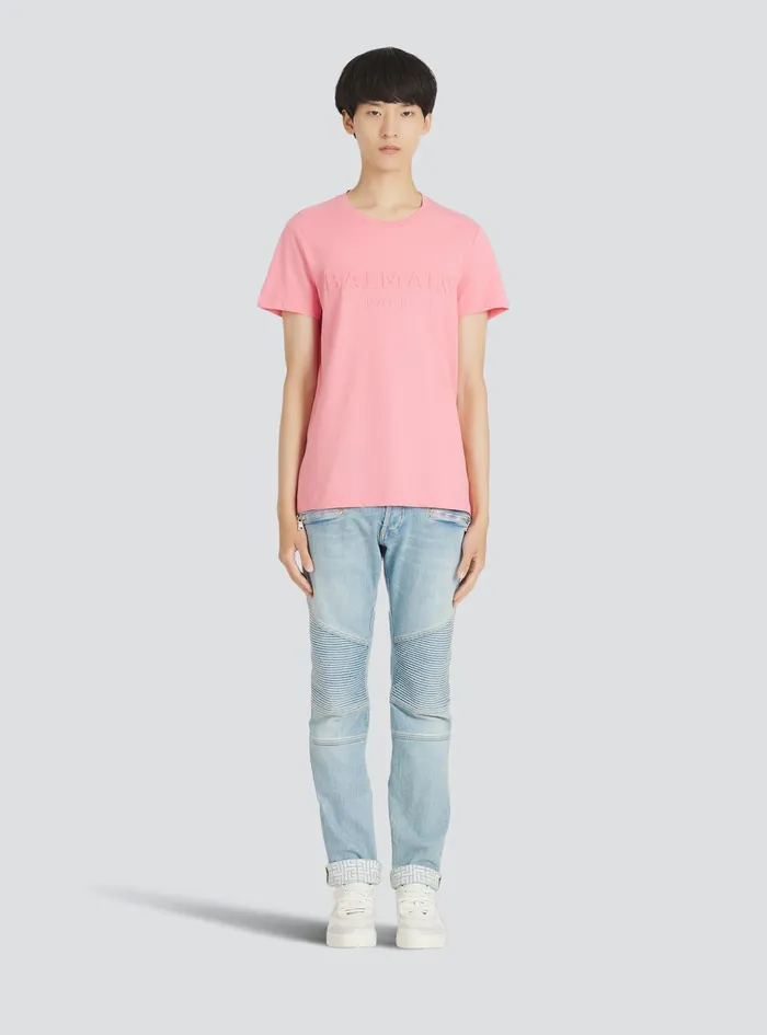 Balmain TShirts Mens Cotton TShirt With Embossed Balmain Paris Logo Pink Balmain TShirts Mens Cotton TShirt With Embossed Balmain Paris Logo Pink