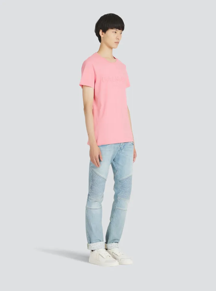 Balmain TShirts Mens Cotton TShirt With Embossed Balmain Paris Logo Pink Balmain TShirts Mens Cotton TShirt With Embossed Balmain Paris Logo Pink