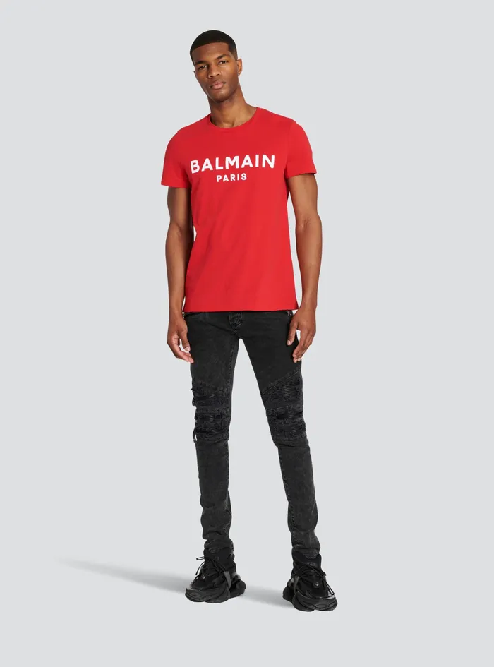 Balmain TShirts Mens Cotton TShirt With Flocked Balmain Medallion Red Balmain TShirts Mens Cotton TShirt With Flocked Balmain Medallion Red