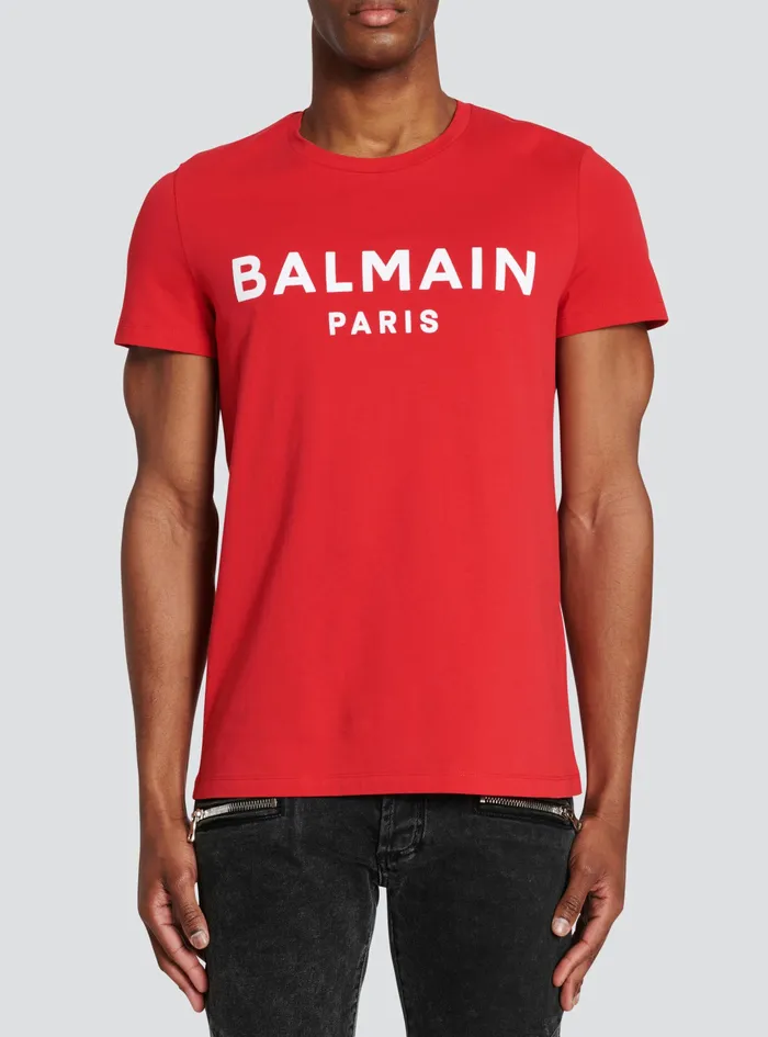 Balmain TShirts Mens Cotton TShirt With Flocked Balmain Medallion Red Balmain TShirts Mens Cotton TShirt With Flocked Balmain Medallion Red