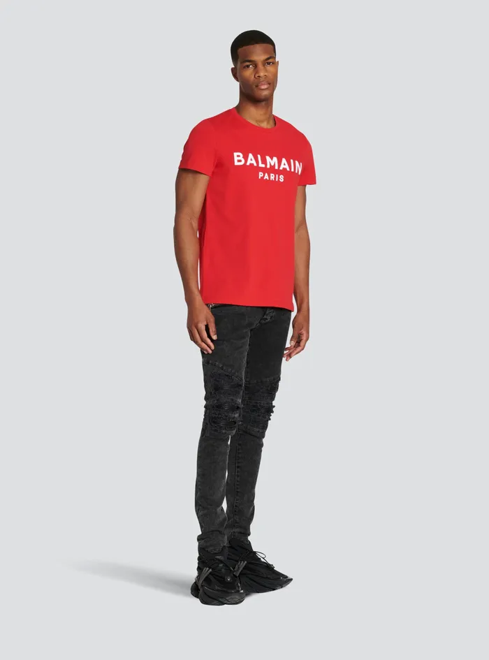 Balmain TShirts Mens Cotton TShirt With Flocked Balmain Medallion Red Balmain TShirts Mens Cotton TShirt With Flocked Balmain Medallion Red