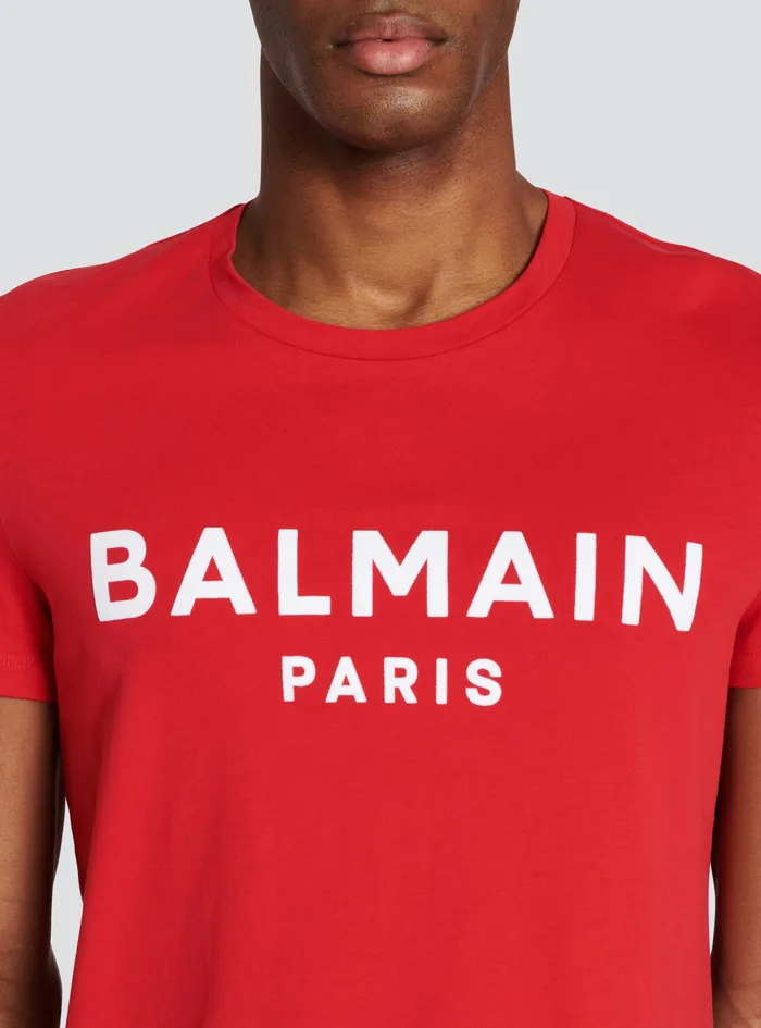 Balmain TShirts Mens Cotton TShirt With Flocked Balmain Medallion Red Balmain TShirts Mens Cotton TShirt With Flocked Balmain Medallion Red