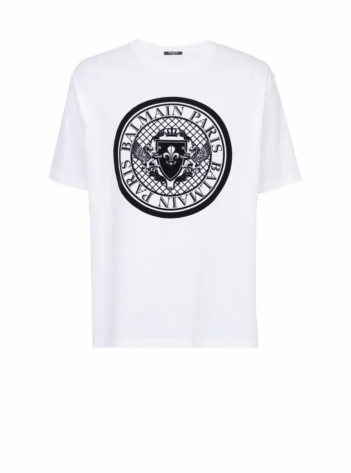 Balmain TShirts Mens Cotton TShirt With Flocked Balmain Medallion White