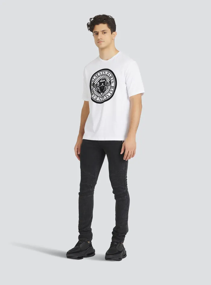 Balmain TShirts Mens Cotton TShirt With Flocked Balmain Medallion White Balmain TShirts Mens Cotton TShirt With Flocked Balmain Medallion White