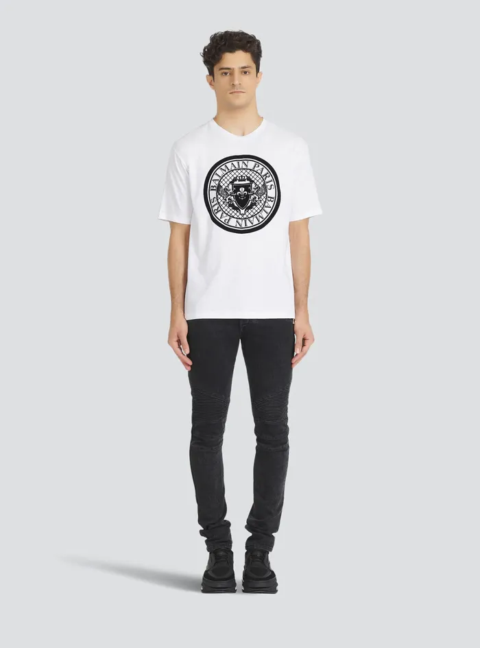 Balmain TShirts Mens Cotton TShirt With Flocked Balmain Medallion White Balmain TShirts Mens Cotton TShirt With Flocked Balmain Medallion White