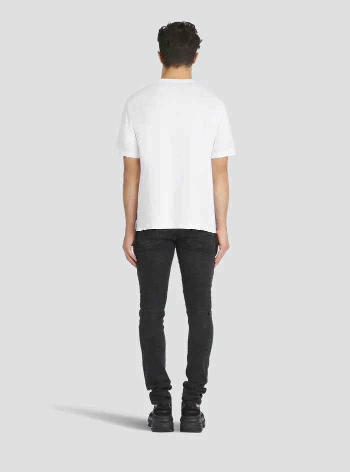 Balmain TShirts Mens Cotton TShirt With Flocked Balmain Medallion White Balmain TShirts Mens Cotton TShirt With Flocked Balmain Medallion White
