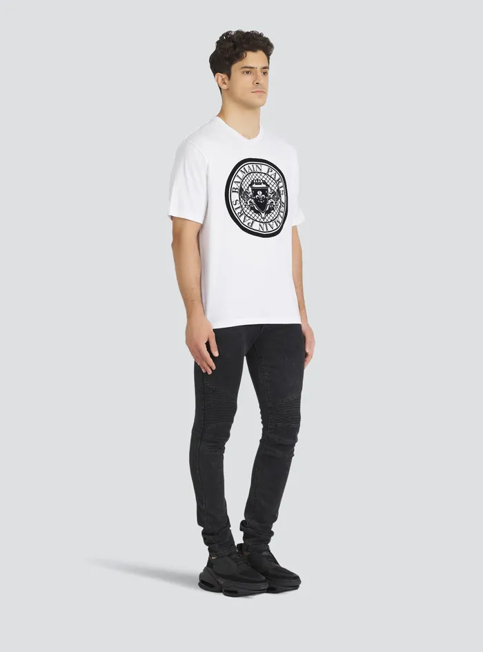 Balmain TShirts Mens Cotton TShirt With Flocked Balmain Medallion White Balmain TShirts Mens Cotton TShirt With Flocked Balmain Medallion White