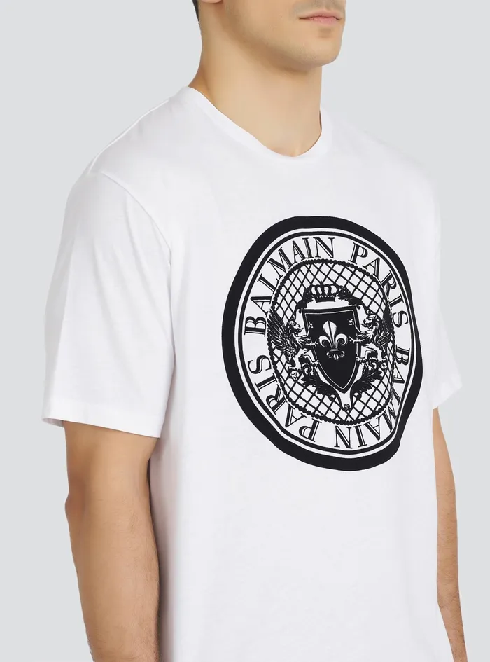 Balmain TShirts Mens Cotton TShirt With Flocked Balmain Medallion White Balmain TShirts Mens Cotton TShirt With Flocked Balmain Medallion White