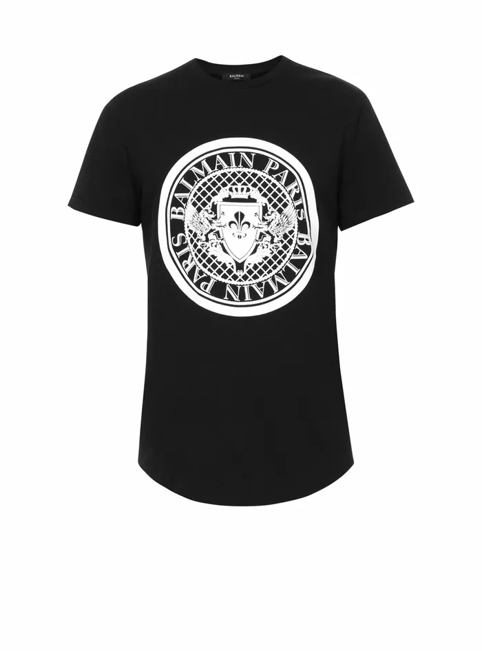 Balmain TShirts Mens Cotton TShirt With Flocked Velvet Balmain Medallion Black Balmain TShirts Mens Cotton TShirt With Flocked Velvet Balmain Medallion Black