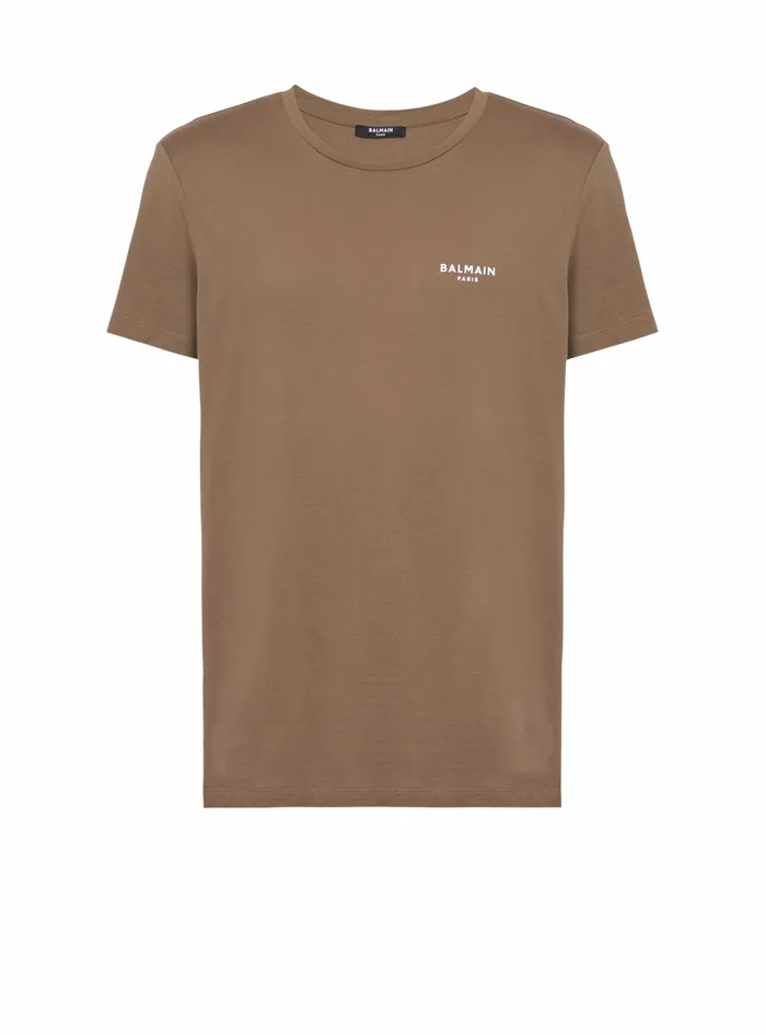 Balmain TShirts Mens EcoDesigned Cotton TShirt With Small Flocked Balmain Paris Logo Brown Balmain TShirts Mens EcoDesigned Cotton TShirt With Small Flocked Balmain Paris Logo Brown