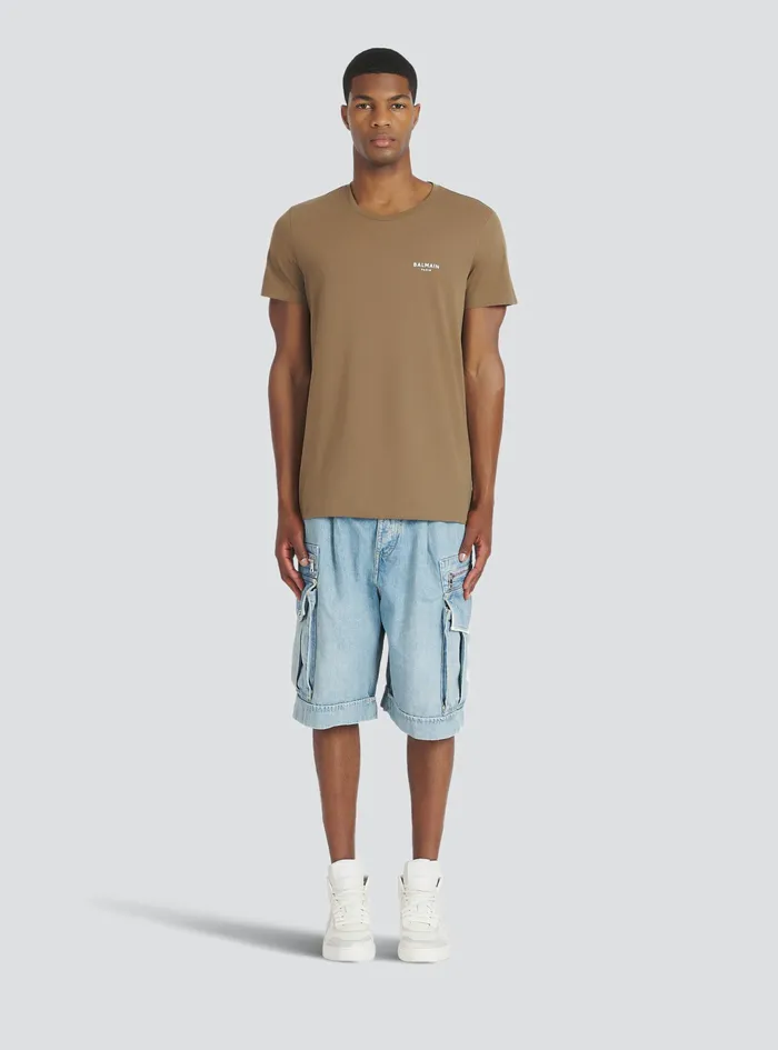 Balmain TShirts Mens EcoDesigned Cotton TShirt With Small Flocked Balmain Paris Logo Brown Balmain TShirts Mens EcoDesigned Cotton TShirt With Small Flocked Balmain Paris Logo Brown