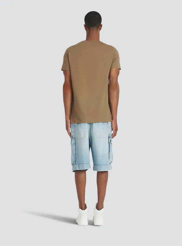 Balmain TShirts Mens EcoDesigned Cotton TShirt With Small Flocked Balmain Paris Logo Brown Balmain TShirts Mens EcoDesigned Cotton TShirt With Small Flocked Balmain Paris Logo Brown