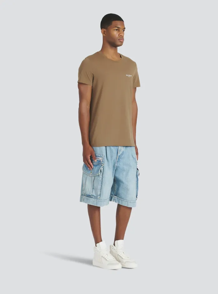Balmain TShirts Mens EcoDesigned Cotton TShirt With Small Flocked Balmain Paris Logo Brown Balmain TShirts Mens EcoDesigned Cotton TShirt With Small Flocked Balmain Paris Logo Brown