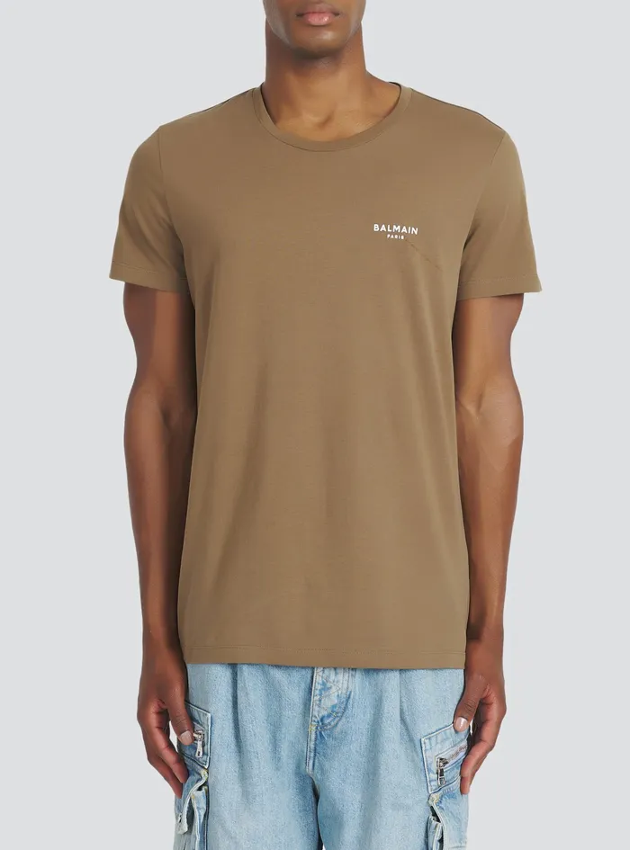 Balmain TShirts Mens EcoDesigned Cotton TShirt With Small Flocked Balmain Paris Logo Brown Balmain TShirts Mens EcoDesigned Cotton TShirt With Small Flocked Balmain Paris Logo Brown
