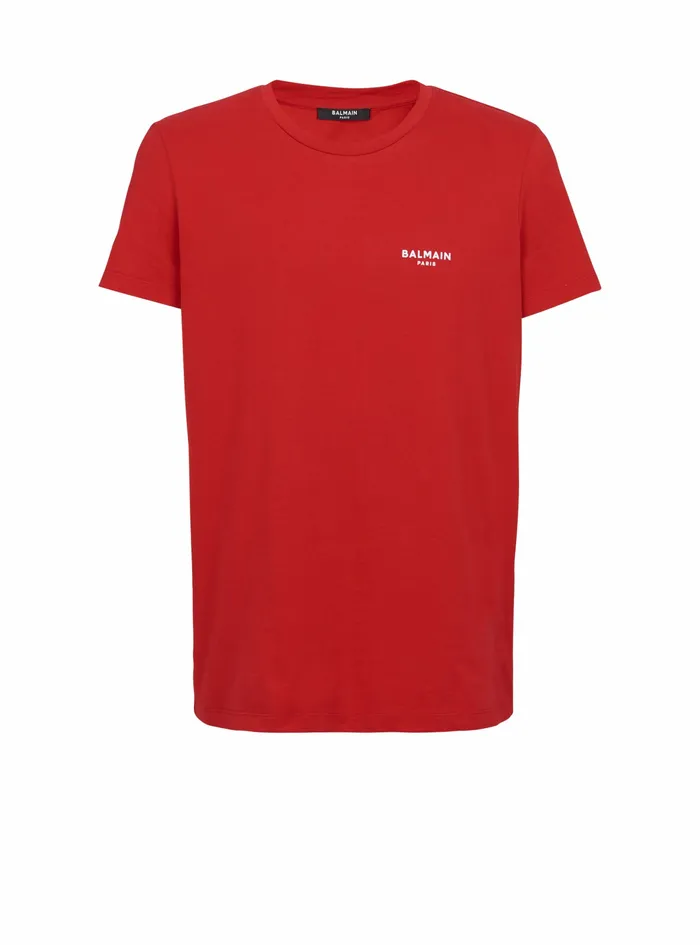 Balmain TShirts Mens EcoDesigned Cotton TShirt With Small Flocked Balmain Paris Logo Red Balmain TShirts Mens EcoDesigned Cotton TShirt With Small Flocked Balmain Paris Logo Red