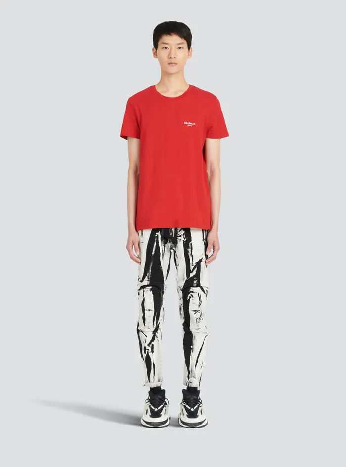 Balmain TShirts Mens EcoDesigned Cotton TShirt With Small Flocked Balmain Paris Logo Red Balmain TShirts Mens EcoDesigned Cotton TShirt With Small Flocked Balmain Paris Logo Red