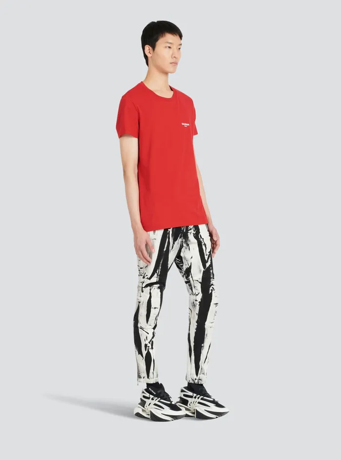 Balmain TShirts Mens EcoDesigned Cotton TShirt With Small Flocked Balmain Paris Logo Red Balmain TShirts Mens EcoDesigned Cotton TShirt With Small Flocked Balmain Paris Logo Red