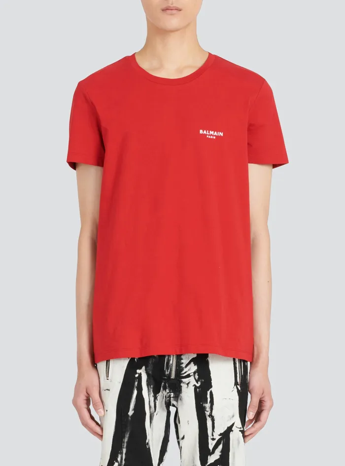Balmain TShirts Mens EcoDesigned Cotton TShirt With Small Flocked Balmain Paris Logo Red Balmain TShirts Mens EcoDesigned Cotton TShirt With Small Flocked Balmain Paris Logo Red