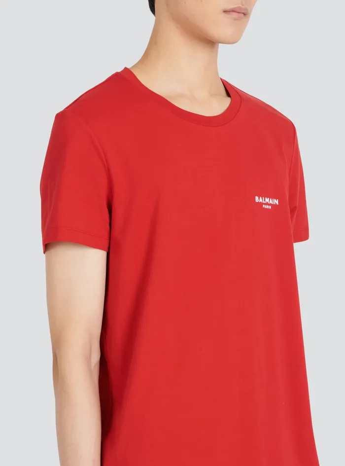 Balmain TShirts Mens EcoDesigned Cotton TShirt With Small Flocked Balmain Paris Logo Red Balmain TShirts Mens EcoDesigned Cotton TShirt With Small Flocked Balmain Paris Logo Red