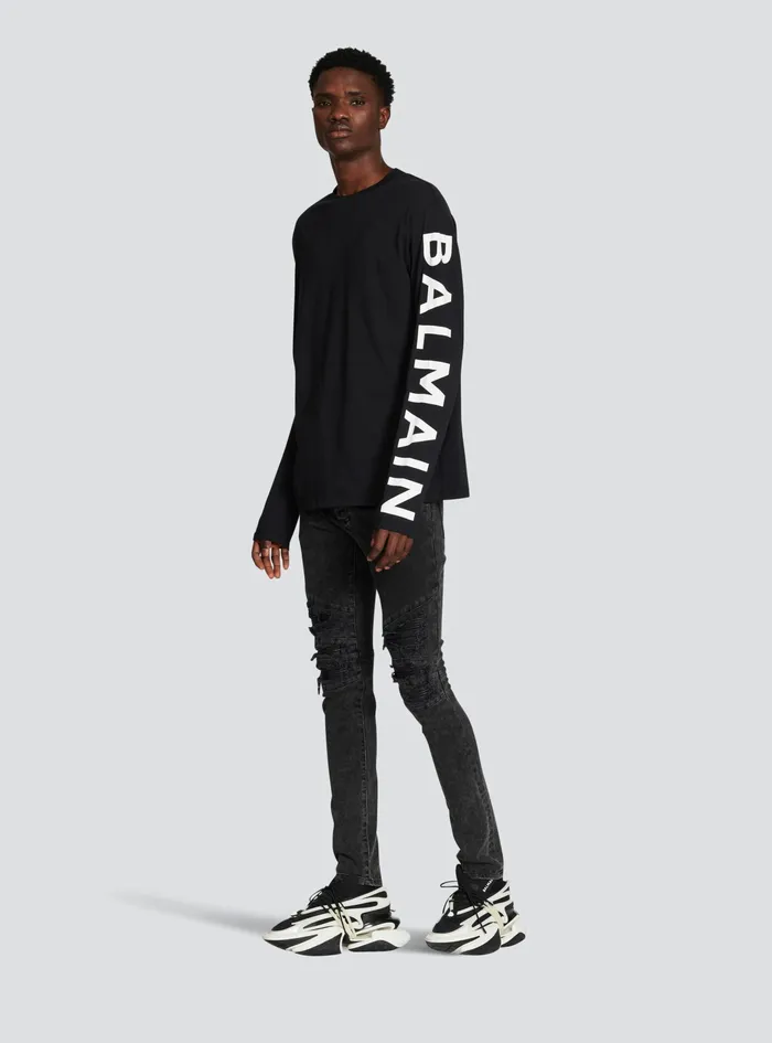 Balmain TShirts Mens LongSleeved Cotton TShirt With Balmain Signature On Sleeve Black Balmain TShirts Mens LongSleeved Cotton TShirt With Balmain Signature On Sleeve Black
