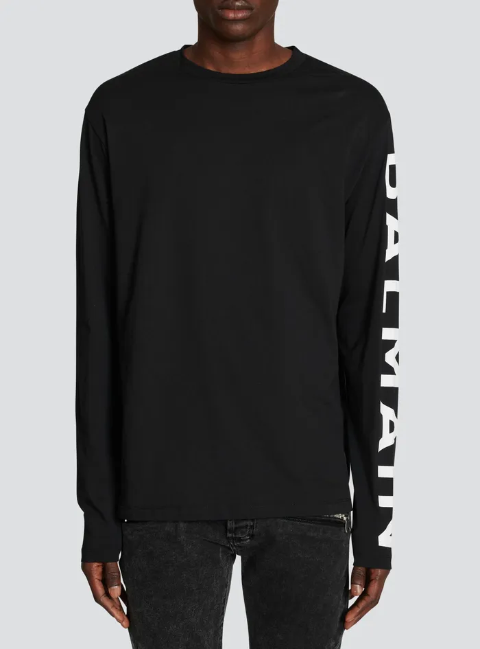 Balmain TShirts Mens LongSleeved Cotton TShirt With Balmain Signature On Sleeve Black Balmain TShirts Mens LongSleeved Cotton TShirt With Balmain Signature On Sleeve Black