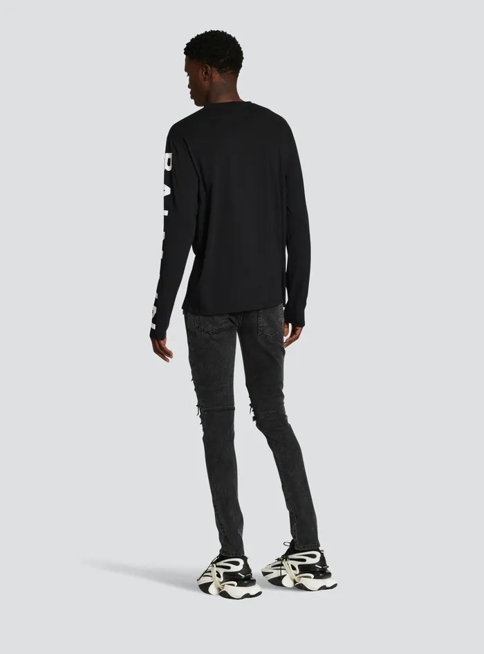 Balmain TShirts Mens LongSleeved Cotton TShirt With Balmain Signature On Sleeve Black Balmain TShirts Mens LongSleeved Cotton TShirt With Balmain Signature On Sleeve Black