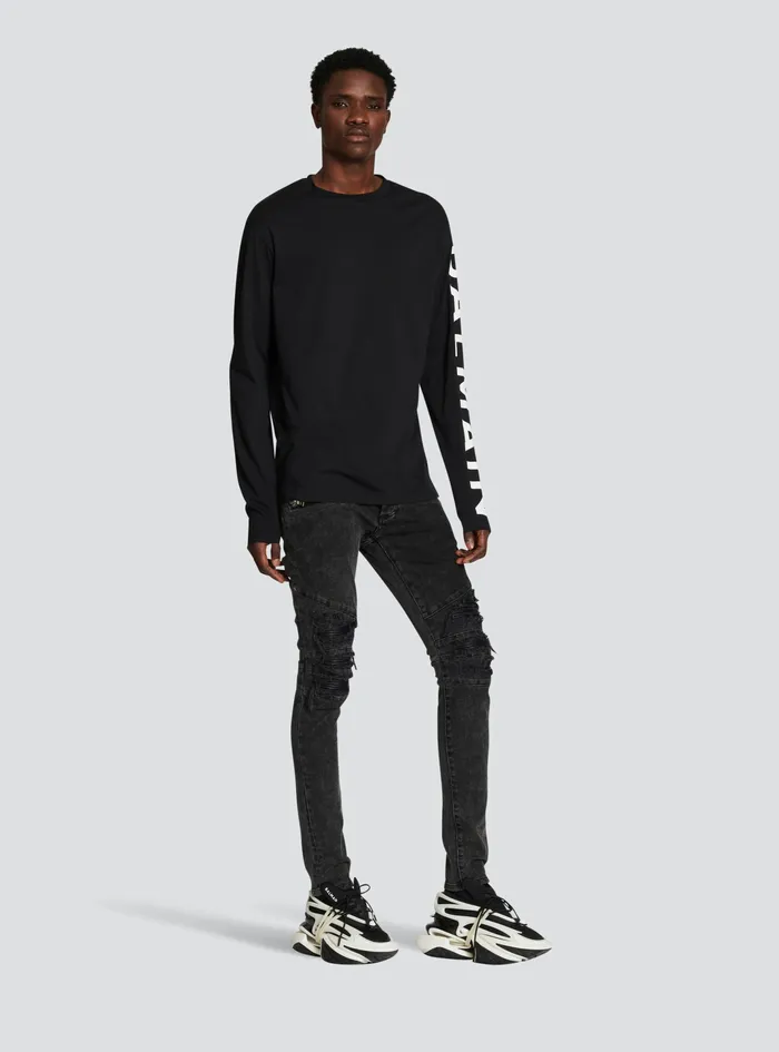 Balmain TShirts Mens LongSleeved Cotton TShirt With Balmain Signature On Sleeve Black Balmain TShirts Mens LongSleeved Cotton TShirt With Balmain Signature On Sleeve Black