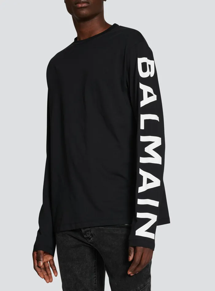 Balmain TShirts Mens LongSleeved Cotton TShirt With Balmain Signature On Sleeve Black Balmain TShirts Mens LongSleeved Cotton TShirt With Balmain Signature On Sleeve Black