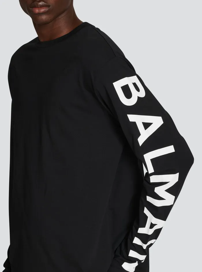 Balmain TShirts Mens LongSleeved Cotton TShirt With Balmain Signature On Sleeve Black Balmain TShirts Mens LongSleeved Cotton TShirt With Balmain Signature On Sleeve Black