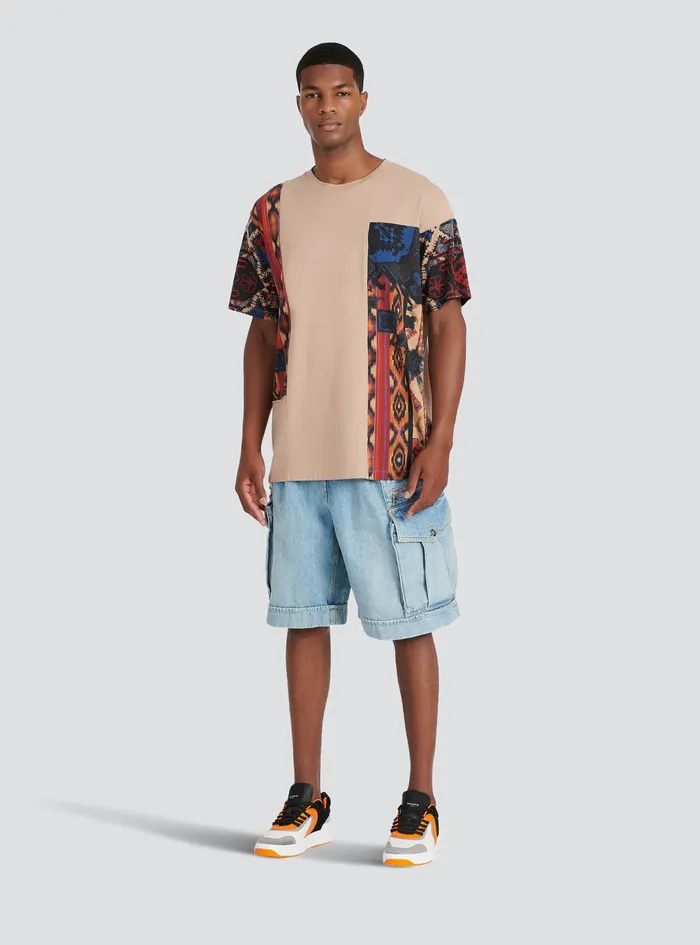 Balmain TShirts Mens Oversized Cotton TShirt With Multicolor Patchwork Print Beige Balmain TShirts Mens Oversized Cotton TShirt With Multicolor Patchwork Print Beige