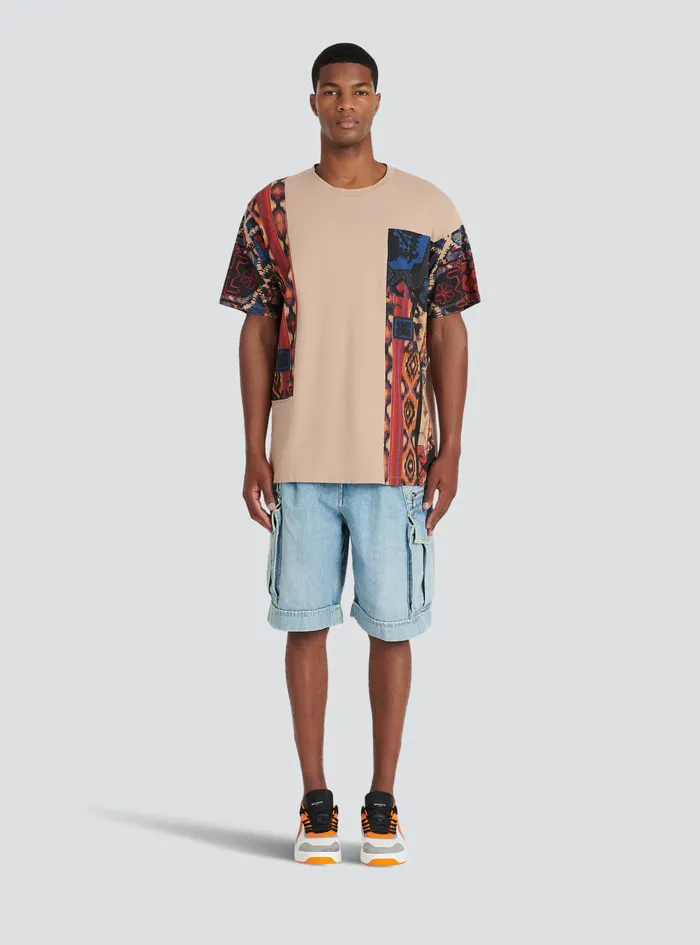Balmain TShirts Mens Oversized Cotton TShirt With Multicolor Patchwork Print Beige Balmain TShirts Mens Oversized Cotton TShirt With Multicolor Patchwork Print Beige