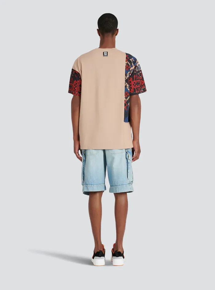 Balmain TShirts Mens Oversized Cotton TShirt With Multicolor Patchwork Print Beige Balmain TShirts Mens Oversized Cotton TShirt With Multicolor Patchwork Print Beige